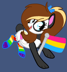 Size: 694x740 | Tagged: safe, artist:circuspaparazzi5678, oc, oc:pocky panda, bear, panda, panda pony, pegasus, pony, base used, bow, clothes, pansexual, pansexual pride flag, paws, ponytail, pride, pride flag, pride month, rainbow socks, socks, solo, striped socks