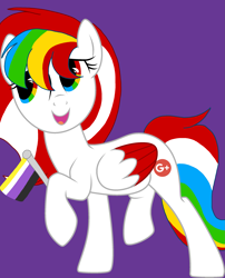 Size: 2289x2826 | Tagged: safe, artist:circuspaparazzi5678, oc, oc:google plus, pegasus, pony, base used, google plus, google plus logo, multicolored hair, nonbinary, nonbinary pride flag, pride, pride flag, pride month, rainbow eyes, rainbow hair, solo