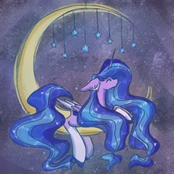 Size: 1080x1080 | Tagged: safe, artist:swear_on_the_cocoa, oc, alicorn, pony, alicorn oc, colored hooves, crescent moon, female, horn, mare, moon, night, prone, solo, stars, tangible heavenly object, transparent moon, wings