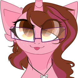 Size: 2500x2500 | Tagged: safe, artist:bublebee123, oc, oc:opacity, pony, unicorn, :p, cute, ear fluff, female, freckles, glasses, jewelry, mare, necklace, ocbetes, simple background, solo, tongue out, transparent background