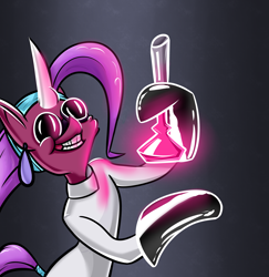 Size: 3197x3289 | Tagged: safe, artist:ybkathan, oc, oc:dewulf, pony, unicorn, clothes, crossover, female, flask, goggles, lab coat, mare, solo, the emperor's new groove, yzma