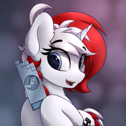 Size: 2400x2400 | Tagged: safe, artist:av-4, oc, oc:stock piston, unicorn, looking at you, red hair, simple background, steam, trophy, white hair