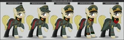 Size: 1280x413 | Tagged: safe, artist:brony-works, oc, oc only, earth pony, boots, clothes, earth pony oc, eyelashes, female, general, hat, helmet, mare, nazi germany, raised hoof, reference sheet, shoes, smiling, uniform, wehrmacht, world war ii