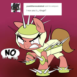 Size: 800x800 | Tagged: safe, artist:wadusher0, oc, oc:pun, earth pony, pony, angry, armor, ask, ask pun, no, solo, spikes, tumblr