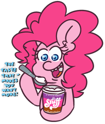 Size: 1100x1300 | Tagged: safe, artist:threetwotwo32232, derpibooru import, pinkie pie, earth pony, pony, female, food, mare, movie reference, simple background, solo, the stuff, transparent background