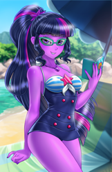 Size: 800x1237 | Tagged: safe, alternate version, artist:racoonsan, color edit, derpibooru import, edit, editor:drakeyc, midnight sparkle, sci-twi, twilight sparkle, better together, equestria girls, adorasexy, anime, beach, beach babe, beautiful, blue swimsuit, book, clothes, colored, cute, female, geode of telekinesis, glasses, looking at you, magical geodes, nail polish, ocean, one-piece swimsuit, ponytail, sand, sexy, sexy egghead, skin color edit, sleeveless, smiling, solo, striped swimsuit, swimsuit, tricolor swimsuit, twiabetes