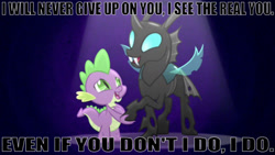 Size: 1641x927 | Tagged: safe, edit, edited screencap, editor:undeadponysoldier, screencap, spike, thorax, changeling, dragon, a changeling can change, duo, happy, holding hoof, male, song reference, the real you, three days grace