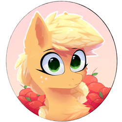 Size: 1500x1500 | Tagged: safe, artist:glazirka, derpibooru import, applejack, earth pony, pony, apple, bust, cheek fluff, chest fluff, ear fluff, food, looking at you, portrait, solo