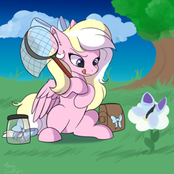 Size: 2000x2000 | Tagged: safe, artist:aurorafang, oc, oc only, oc:bay breeze, butterfly, pegasus, pony, adorable face, animal crossing, bow, cloud, cute, determined, female, flower, grass, hair bow, jar, mare, net, simple background, sky, solo, tail bow, tree