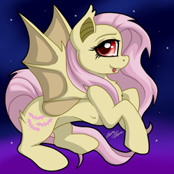Size: 3066x3067 | Tagged: safe, artist:gleamydreams, derpibooru import, fluttershy, bat pony, bat ponified, bat wings, fangs, female, flutterbat, looking at you, mare, race swap, red eyes, solo, tongue out, wings