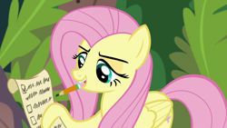 Size: 1280x720 | Tagged: safe, derpibooru import, screencap, angel bunny, fluttershy, pegasus, pony, she talks to angel, body swap, checklist, female, mare, mouth hold, pencil, solo