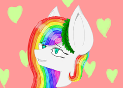 Size: 2898x2070 | Tagged: safe, artist:prismicdiamondart, oc, oc only, oc:prismatic spectrum rainbow, pegasus, pony, bust, female, heart, laurel wreath, mare, multicolored hair, pegasus oc, rainbow hair, smiling, solo, wings