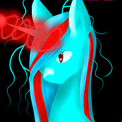Size: 8000x8000 | Tagged: safe, artist:prismicdiamondart, oc, oc only, unicorn, black background, bust, female, glowing horn, hair over one eye, horn, mare, simple background, solo, speedpaint available, unicorn oc