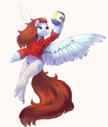 Size: 1280x1502 | Tagged: safe, artist:peachmayflower, oc, oc only, pegasus, pony, ball, clothes, female, heterochromia, hoof hold, looking at something, mare, plaid shirt, shirt, simple background, smiling, socks, solo, stockings, volleyball, white background