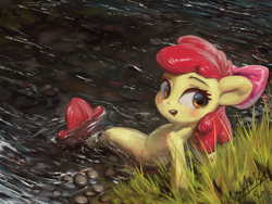 Size: 1200x900 | Tagged: safe, artist:assasinmonkey, apple bloom, seapony (g4), adorabloom, cute, female, grass, looking back, open mouth, river, rock, scenery, seaponified, seapony apple bloom, sitting, solo, species swap, stream, water