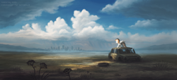 Size: 3300x1500 | Tagged: safe, artist:neeoray, oc, oc only, oc:rainy sky, pegasus, pony, fallout equestria, car, commission, fallout, scenery, scenery porn, solo, wasteland
