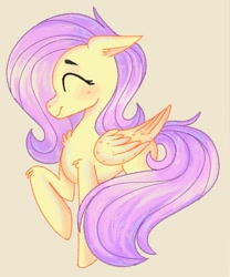 Size: 1408x1689 | Tagged: safe, artist:frogeeer, derpibooru import, fluttershy, pegasus, pony, blushing, chest fluff, elbow fluff, eyes closed, female, floppy ears, folded wings, mare, profile, raised hoof, simple background, smiling, solo, standing, wings, yellow background