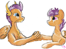 Size: 2224x1668 | Tagged: safe, artist:mry, scootaloo, smolder, crying, holding hoof, looking at each other