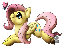 Size: 900x660 | Tagged: safe, artist:chubby-kirin, artist:japandragon, derpibooru import, fluttershy, butterfly, pegasus, pony, cute, female, mare, prone, shyabetes, simple background, solo, transparent background