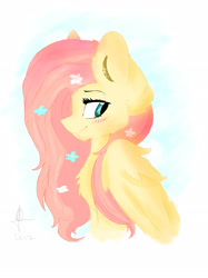 Size: 2066x2755 | Tagged: safe, artist:lumepone, derpibooru import, fluttershy, pegasus, pony, blushing, bust, chest fluff, cute, ear fluff, female, flower, flower in hair, high res, mare, profile, shyabetes, solo