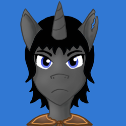 Size: 500x500 | Tagged: safe, artist:lyndrewsomethin, oc, oc:onyx deadshot, unicorn, black hair, blue eyes, solo