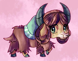 Size: 922x730 | Tagged: safe, artist:doodally-doodles, yona, yak, cute, monkey swings, pink background, profile, raised hoof, simple background, smiling, solo, yonadorable