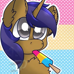 Size: 1024x1024 | Tagged: safe, artist:anxioussartist, oc, oc only, oc:lunar spice, unicorn, food, pansexual pride flag, popsicle, pride, pride flag, pride month, unobtrusive watermark, ych comission