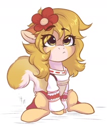 Size: 1600x1900 | Tagged: safe, artist:falafeljake, oc, oc only, earth pony, fox, fox pony, hybrid, pony, anime, apron, chibi, clothes, crossover, dress, female, flower, flower in hair, fox ears, fox tail, hairpin, japanese, kitsune, mare, ponified, senko-san, skirt, solo, the helpful fox senko-san, waifu