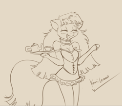 Size: 2580x2225 | Tagged: safe, artist:kamikazelenna, oc, oc only, oc:lenna, anthro, anthro oc, arm hooves, clothes, costume, dress, female, fluffy, food, grin, lineart, long mane, maid, simple background, smiling, solo, steampunk, tea