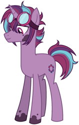 Size: 1053x1671 | Tagged: safe, artist:zipverse, oc, oc:gearbox, pony, unicorn, base used, goggles, magical lesbian spawn, male, offspring, parent:rainbow dash, parent:tempest shadow, parents:tempestdash, simple background, solo, stallion, white background