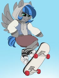 Size: 768x1024 | Tagged: safe, artist:littlebibbo, oc, oc only, oc:bibbo, pegasus, pony, arm hooves, clothes, female, freckles, gradient background, hoodie, lidded eyes, looking down, mare, shoes, shorts, skateboard, skateboarding, sneakers, solo, spread wings, wings