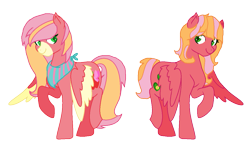 Size: 1161x684 | Tagged: safe, artist:angelgroup, artist:cskazumi, oc, oc:butterfly apple, oc:green apple, pegasus, pony, base used, colored muzzle, colored wings, female, mare, neckerchief, offspring, parent:big macintosh, parent:fluttershy, parents:fluttermac, pegasus oc, raised hoof, siblings, simple background, sisters, transparent background, wings, wings down