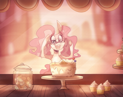 Size: 1997x1569 | Tagged: safe, artist:iheyyasyfox, oc, oc:marsha, earth pony, pony, cake, female, filly, food, glasses, offspring, parent:cheese sandwich, parent:pinkie pie, parents:cheesepie, solo