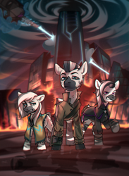 Size: 889x1212 | Tagged: safe, artist:dodo, oc, oc:balefire, oc:mist(captain), oc:zb, zebra, fallout equestria, clothes, cloudship, female, fire, foe adventures, hoofington, jacket, leather armor, male, mare, pipbuck, ruins, shawl, stallion, tribal clothing, trio