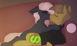 Size: 11811x7086 | Tagged: safe, artist:almond evergrow, oc, oc:almond evergrow, oc:siren shadowstone, earth pony, pony, couple, intimate, kissing, lighting, making out, sirond, sofa