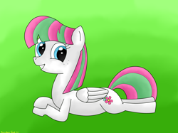 Size: 4032x3016 | Tagged: safe, artist:rainbowšpekgs, blossomforth, pegasus, pony, adoraforth, cute, female, freckles, lying, lying down, mare, prone, simple background, smiling, solo, wings