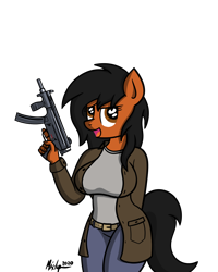 Size: 1200x1500 | Tagged: safe, artist:ponynamedmixtape, oc, oc only, oc:sharp edge, anthro, earth pony, anthro oc, clothes, female, gun, looking at you, mare, mp5, mp5k, open mouth, submachinegun, trigger discipline, weapon