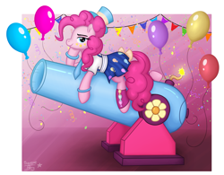 Size: 2091x1635 | Tagged: safe, artist:serenepony, derpibooru import, pinkie pie, earth pony, pony, balloon, clothes, confetti, digital art, female, hat, looking at you, lying down, mare, party cannon, simple background, skirt, solo