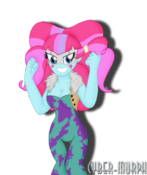 Size: 1696x2008 | Tagged: safe, artist:cyber-murph, kiwi lollipop, equestria girls, breasts, cleavage, commission, crossover, female, k-lo, mask, mina ashido, my hero academia, signature, simple background, solo, spandex, superhero, transparent background, vector