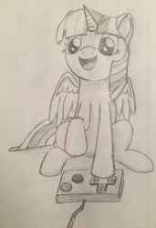 Size: 1140x1670 | Tagged: safe, derpibooru import, twilight sparkle, twilight sparkle (alicorn), alicorn, pony, atg 2020, black and white, controller, female, grayscale, mare, monochrome, newbie artist training grounds, open mouth, paper, sitting, smiling, solo, traditional art