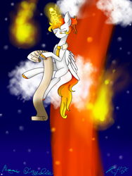 Size: 2121x2828 | Tagged: safe, artist:prismicdiamondart, oc, oc only, alicorn, pony, alicorn oc, cloud, glowing horn, horn, necktie, night, on a cloud, reading, scroll, signature, sitting, solo, stars, unshorn fetlocks