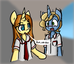 Size: 933x811 | Tagged: safe, artist:spheedc, oc, oc only, oc:honey desire, semi-anthro, unicorn, blurry background, blushing, clothes, digital art, female, male, mare, school uniform, speech bubble, stallion, student