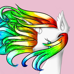Size: 500x500 | Tagged: safe, artist:prismicdiamondart, oc, oc only, oc:prismatic spectrum rainbow, pony, unicorn, bust, ear fluff, female, horn, mare, multicolored hair, rainbow hair, simple background, solo, unicorn oc, windswept mane