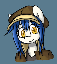 Size: 937x1053 | Tagged: safe, artist:spheedc, oc, oc:light chaser, earth pony, semi-anthro, blue hair, clothes, digital art, female, golden eyes, hat, mare, simple background, smiling, smiling at you, solo