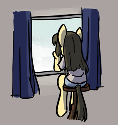 Size: 773x818 | Tagged: safe, artist:spheedc, oc, oc:sphee, earth pony, semi-anthro, curtains, digital art, female, filly, looking away, looking out the window, mare, simple background, sitting, solo, window