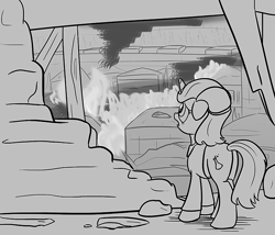 Size: 700x600 | Tagged: safe, artist:sirvalter, oc, oc only, oc:professor beaker, pony, unicorn, fanfic:steyblridge chronicle, black and white, clothes, disaster, fanfic, fanfic art, female, fire, floppy ears, grayscale, hooves, horn, illustration, lab coat, mare, monochrome, open mouth, research institute, ruins, scientist, solo