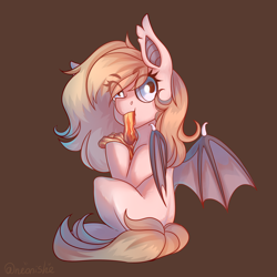 Size: 2000x2000 | Tagged: safe, artist:neonishe, oc, bat pony, pony, bacon, bat pony oc, bat wings, chibi, food, meat, ponies eating meat, simple background, solo, wings