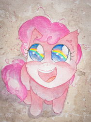 Size: 3024x4032 | Tagged: safe, artist:papersurgery, derpibooru import, pinkie pie, earth pony, pony, the cutie mark chronicles, cute, diapinkes, female, filly, filly pinkie pie, happy, looking up, open mouth, rainbow, scene interpretation, sitting, smiling, solo, traditional art, watercolor painting, younger