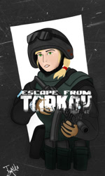 Size: 1200x2000 | Tagged: safe, artist:twilyshimmer, derpibooru import, applejack, human, ak, ak-74, armor, assault rifle, bulletproof vest, crossover, escape from equestria, escape from tarkov, female, gun, helmet, humanized, rifle, solo, weapon