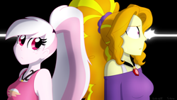 Size: 1280x720 | Tagged: safe, artist:faith-wolff, adagio dazzle, gloriosa daisy, oc, oc:eventide hymn, fanfic:the bridge, equestria girls, disguise, element of generosity, element of honesty, element of kindness, element of laughter, element of loyalty, element of magic, elements of harmony, fanfic art, geode of telekinesis, jewelry, magical geodes, necklace, shocked expression